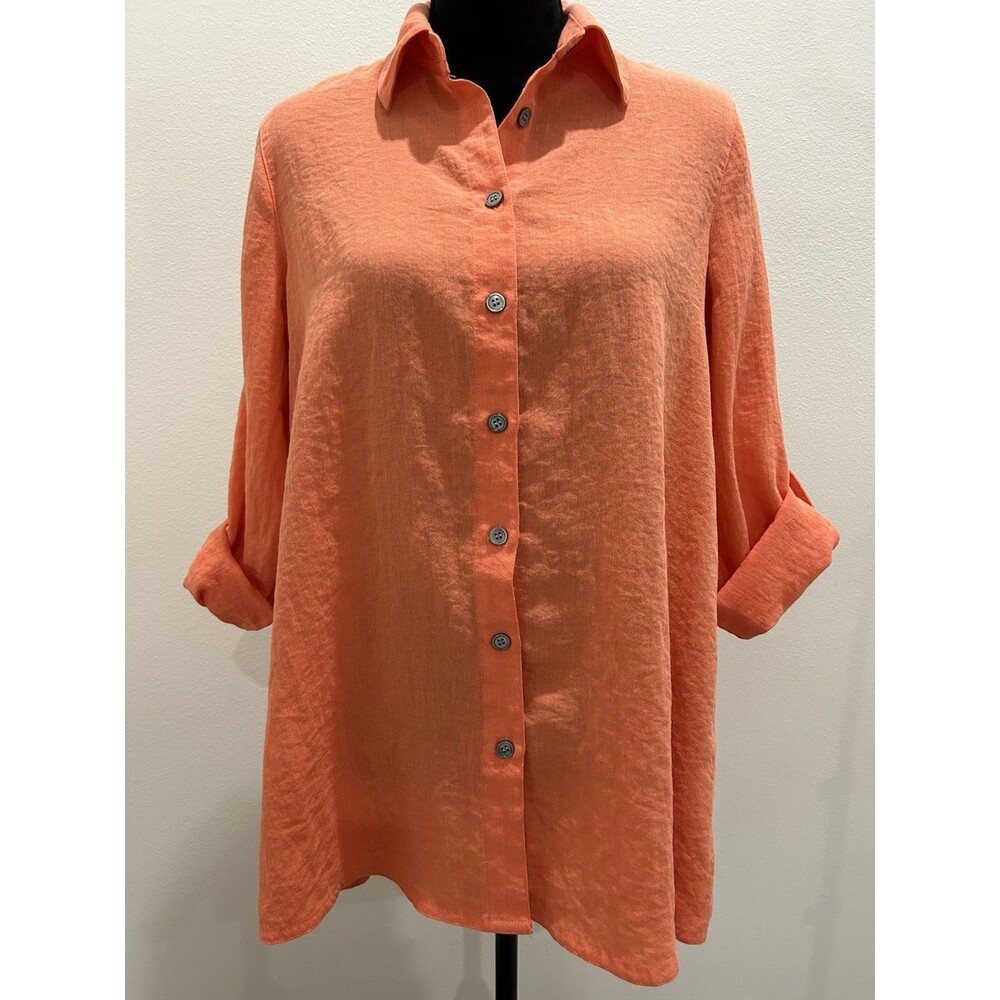 John Mark Womens Sz S Top Peachy Orange 3/4 Sleeve Button Up Collared